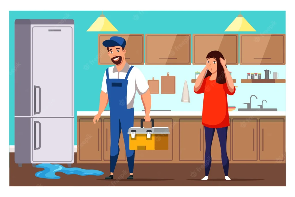 housewife-repairman-with-tools-box-kitchen-near-broken-fridge-leakage-floor-home-appliance-repair-service_575670-1163
